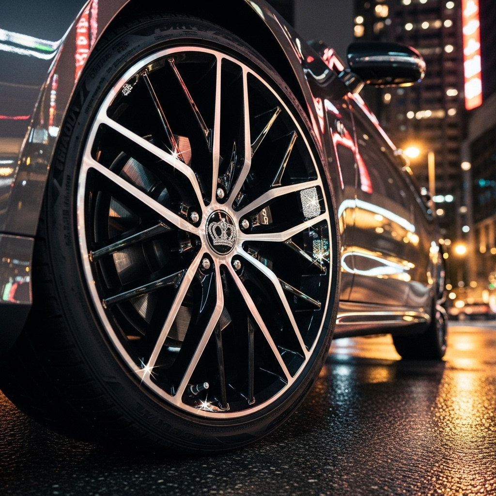 close-up of a luxury sedan wheel at night under city lights. The tire valves are fitted with sparkling rhinestone Royal Crown Valve Caps, shining like jewelry.