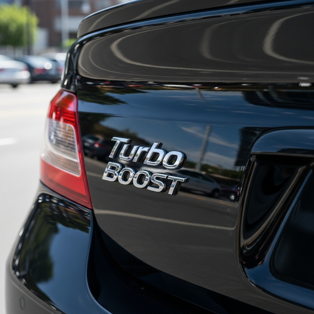 sporty black sedan’s rear trunk under daylight. A bold metallic Turbo Boost 3D Emblem is installed, reflecting sunlight with chrome-like shine