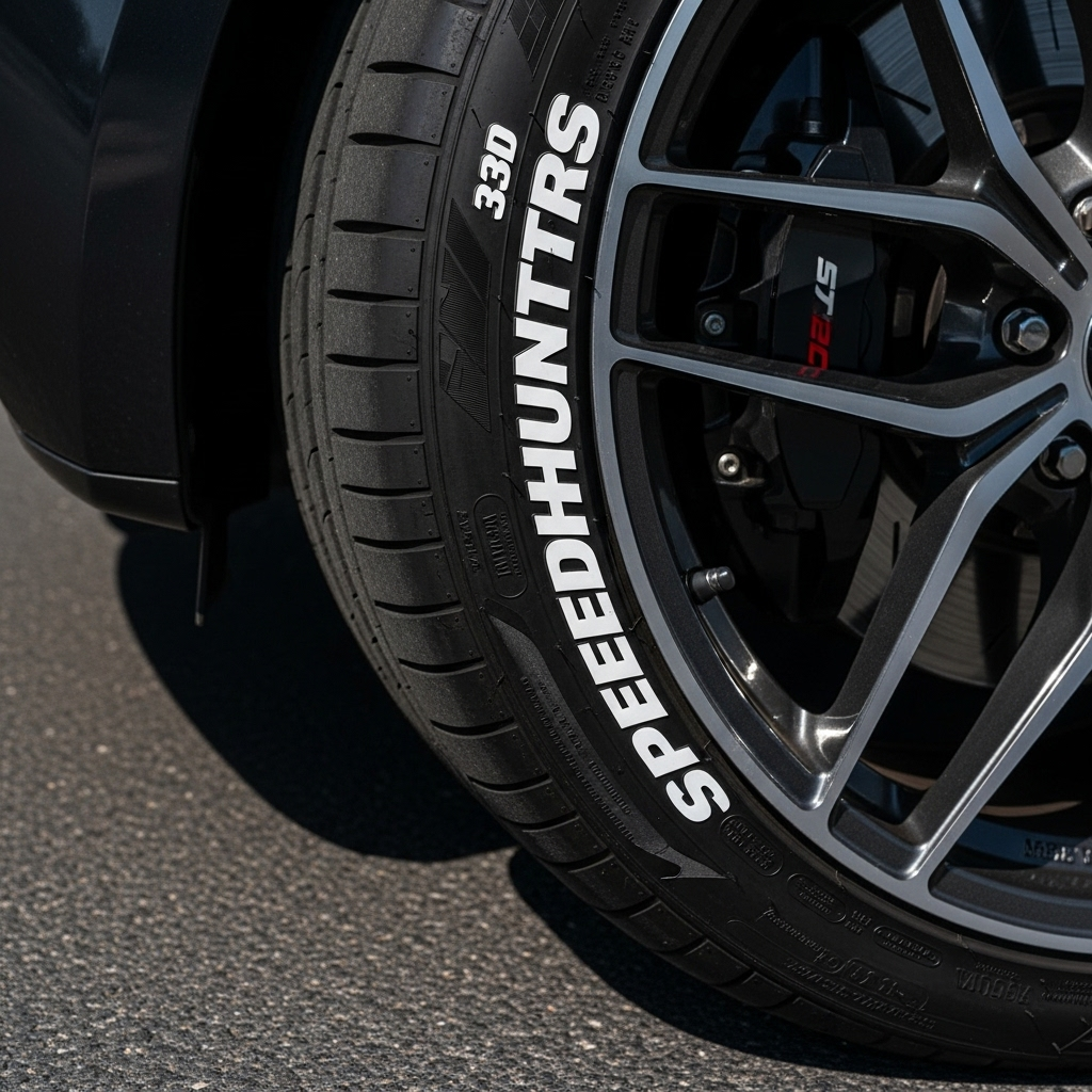 sports car tire fitted with bold white SpeedHunters 3D Tire Lettering decals
