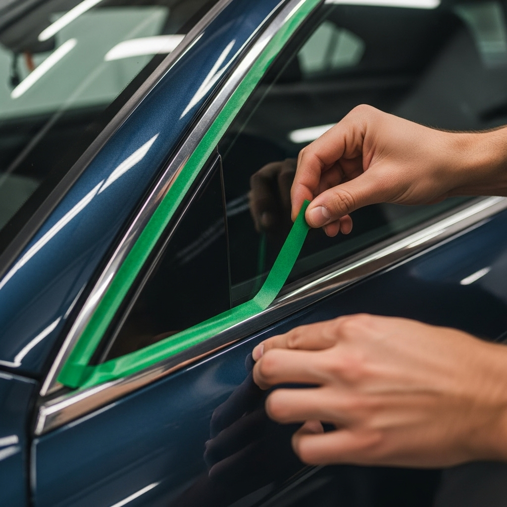 person applying ChroMorpher Designline Precision Knifeless Tape on chrome window trim before wrapping.