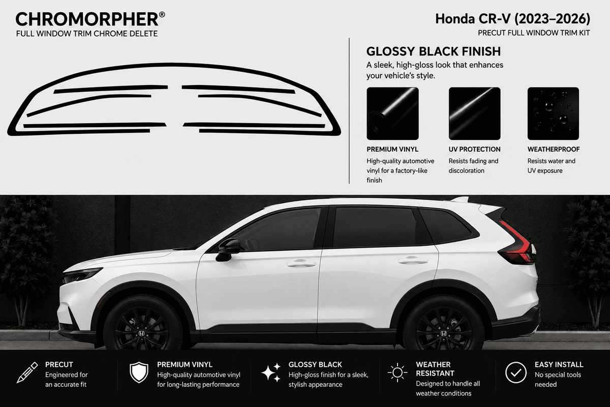 Chromorpher full window trim chrome delete kit for Honda CR-V (2023-2026) in glossy black finish. The image features a white Honda CR-V with the black window trim outlines displayed above, along with feature callouts and installation benefits.