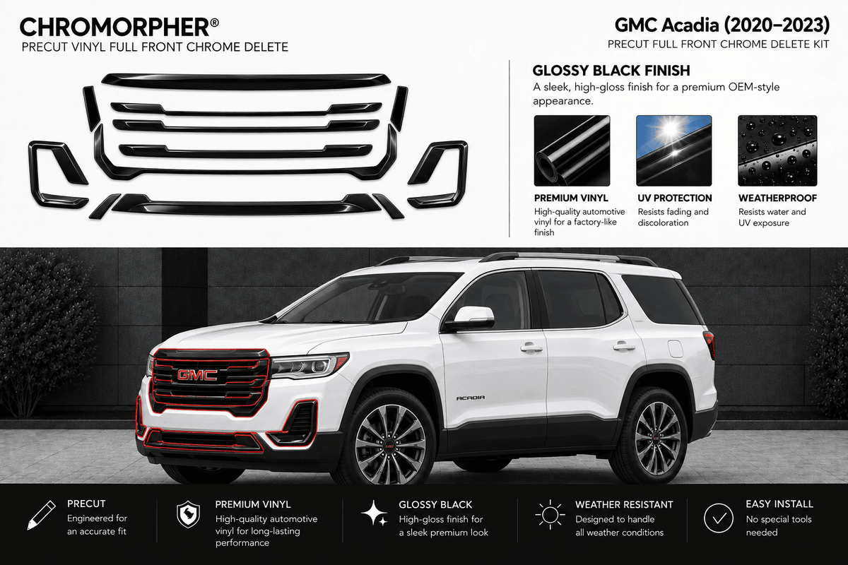 Chromorphor GMC Acadia full front chrome delete kit kit shown on a white GMC Acadia SUV, with product cutout graphics and feature callouts on a dark gray background.