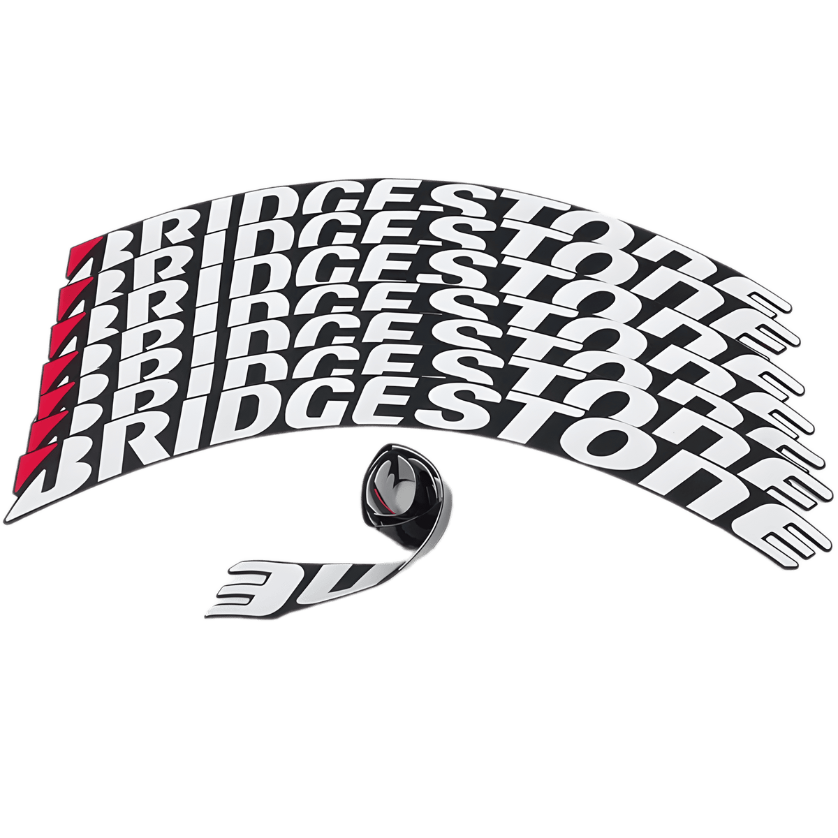 A set of BRIDGESTONE 3D tire stickers featuring bold white lettering with red accents, designed for tire sidewalls. The set includes decals for four tires along with installation accessories, displayed on a transparent background.