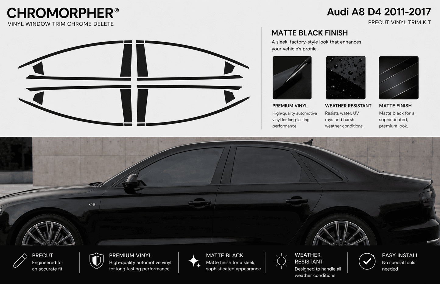 Audi A8 2011-2017 Precut Window trim Blackout Kits - ChroMorpher
