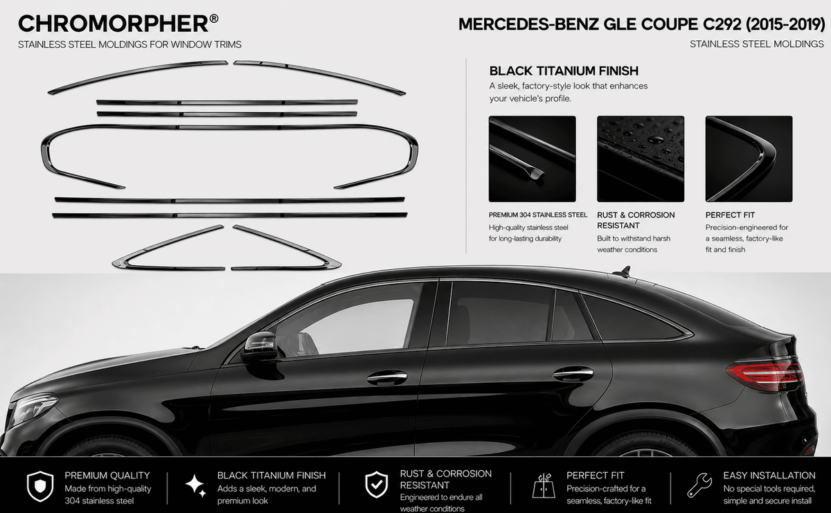 Mercedes-Benz GLE Coupe C292 Night Package (2015-2019) Window Trim Moldings - Stainless Steel - ChroMorpher