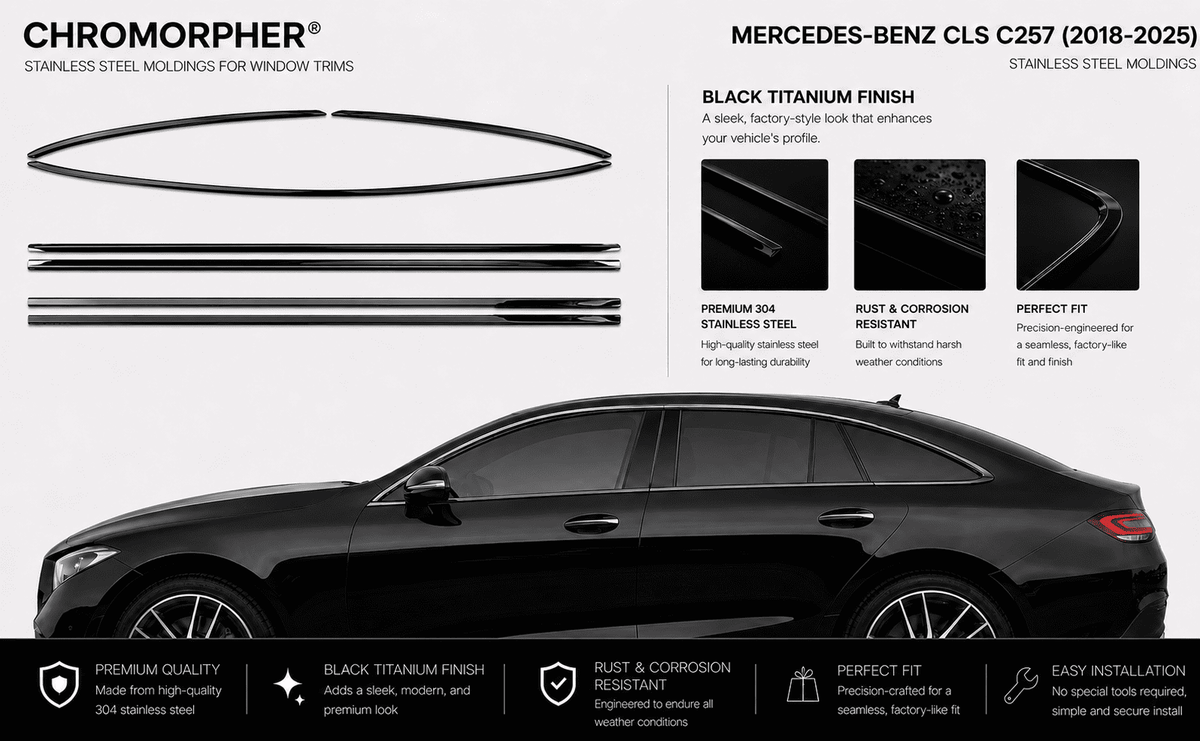 Mercedes-Benz CLS C257 Night Package (2019-2025) Window Trim Moldings - Stainless Steel - ChroMorpher