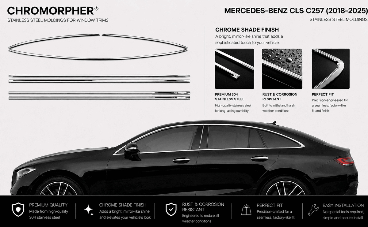 Mercedes-Benz CLS C257 Night Package (2019-2025) Window Trim Moldings - Stainless Steel - ChroMorpher