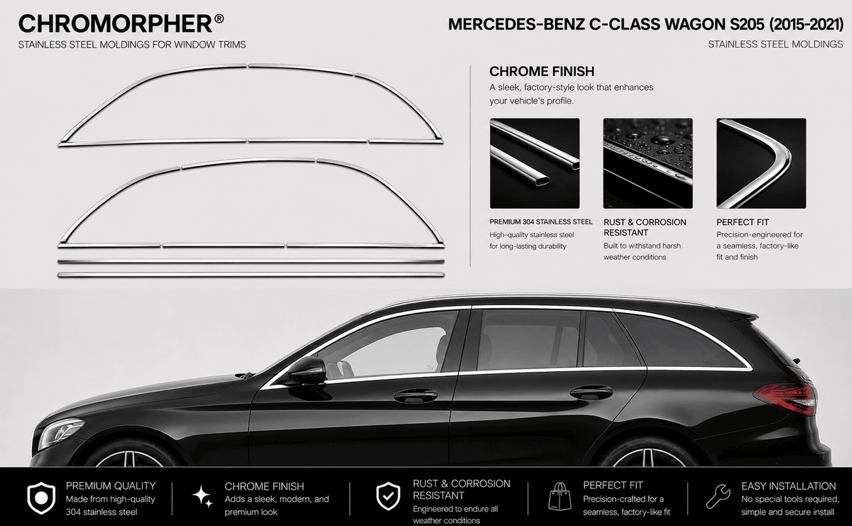 Mercedes-Benz C-Class Wagon S205 Night Package (2015-2021) Window Trim Molding - Stainless Steel - ChroMorpher