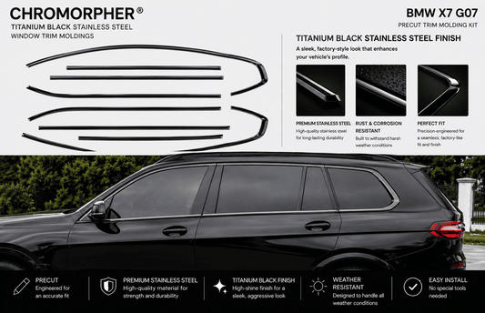BMW X7 G07 Shadowline Glossy Black Window Trim Moldings - Stainless Steel