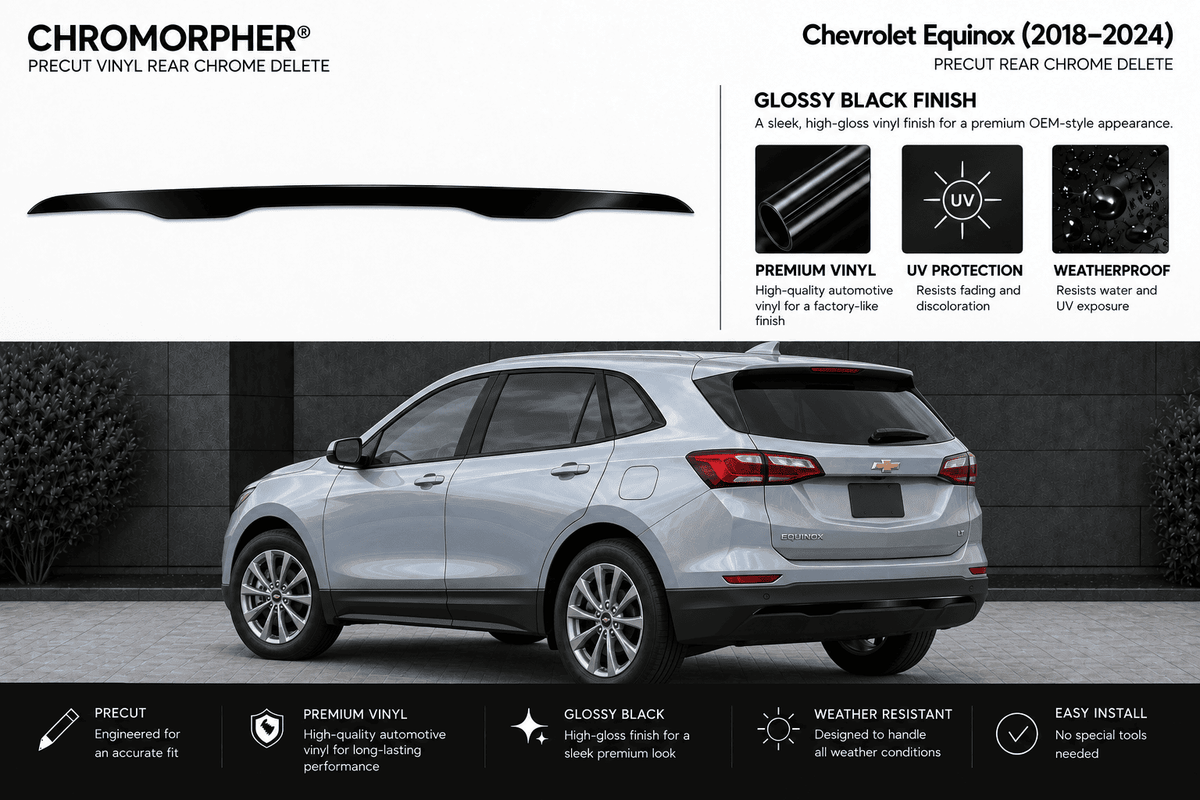 A black Chromorphor gloss vinyl rear chrome delete spoiler shown above a silver Chevrolet Equinox SUV on a dark outdoor wall, with feature callouts and installation benefits printed around the image.