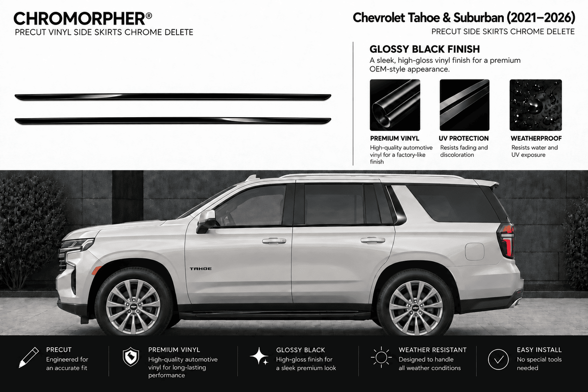 Chrome Delete precut vinyl side skirts shown as two long black trim pieces at the top, with feature callouts and a large side view of a silver Chevrolet Tahoe & Suburban SUV on a dark outdoor-looking background. Text includes gloss black finish, UV protection, weatherproof, and easy install.