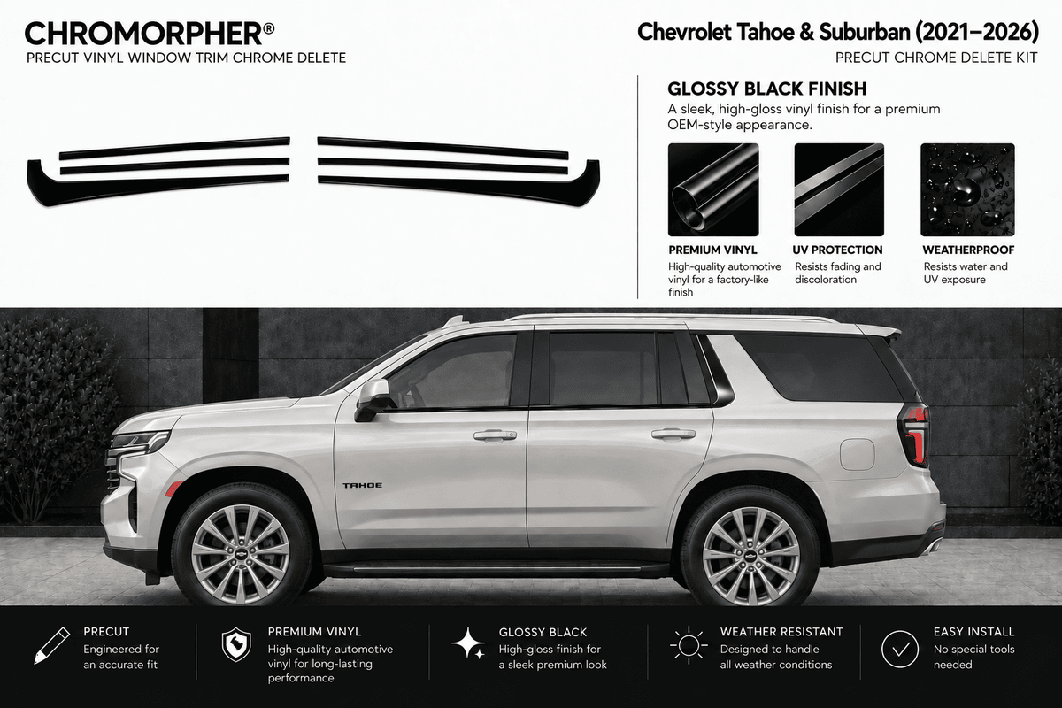 Chromorpher Precut Chrome Delete Kit shown with two chrome strip graphics above a side view of a silver Chevrolet Tahoe & Suburban SUV on a dark background. Text highlights glossy black finish, UV protection, weatherproof design, and easy install.