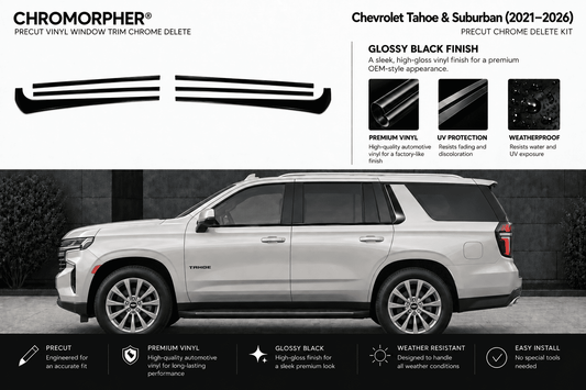 Chromorpher Precut Chrome Delete Kit shown with two chrome strip graphics above a side view of a silver Chevrolet Tahoe & Suburban SUV on a dark background. Text highlights glossy black finish, UV protection, weatherproof design, and easy install.