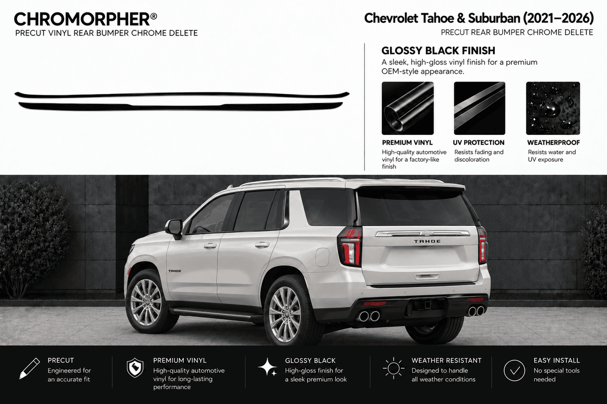 Chromorphor precut vinyl rear bumper chrome delete kit shown with a white Chevrolet Tahoe and Suburban SUV on a dark background, featuring product specifications, finish details, and installation benefits.