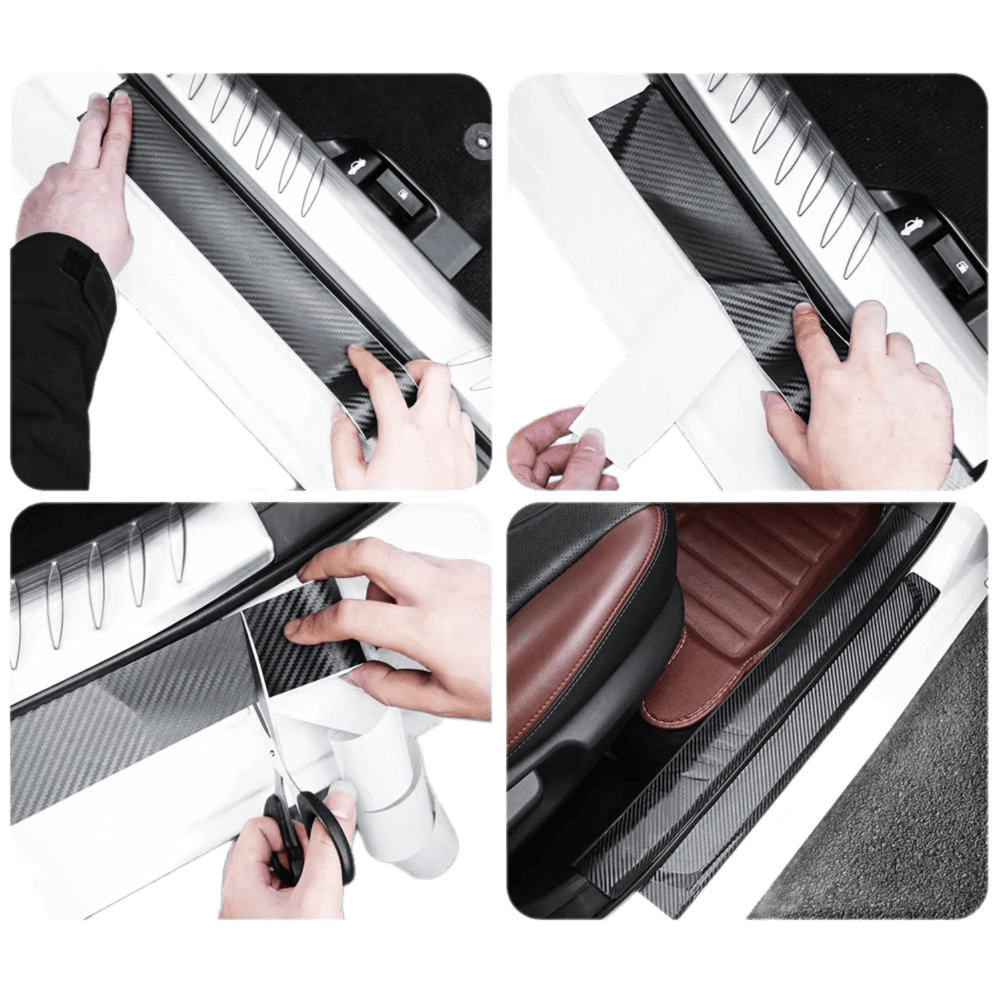Step-by-step application of ChroMorpher Carbon Fiber Protective Tape on car door sill.