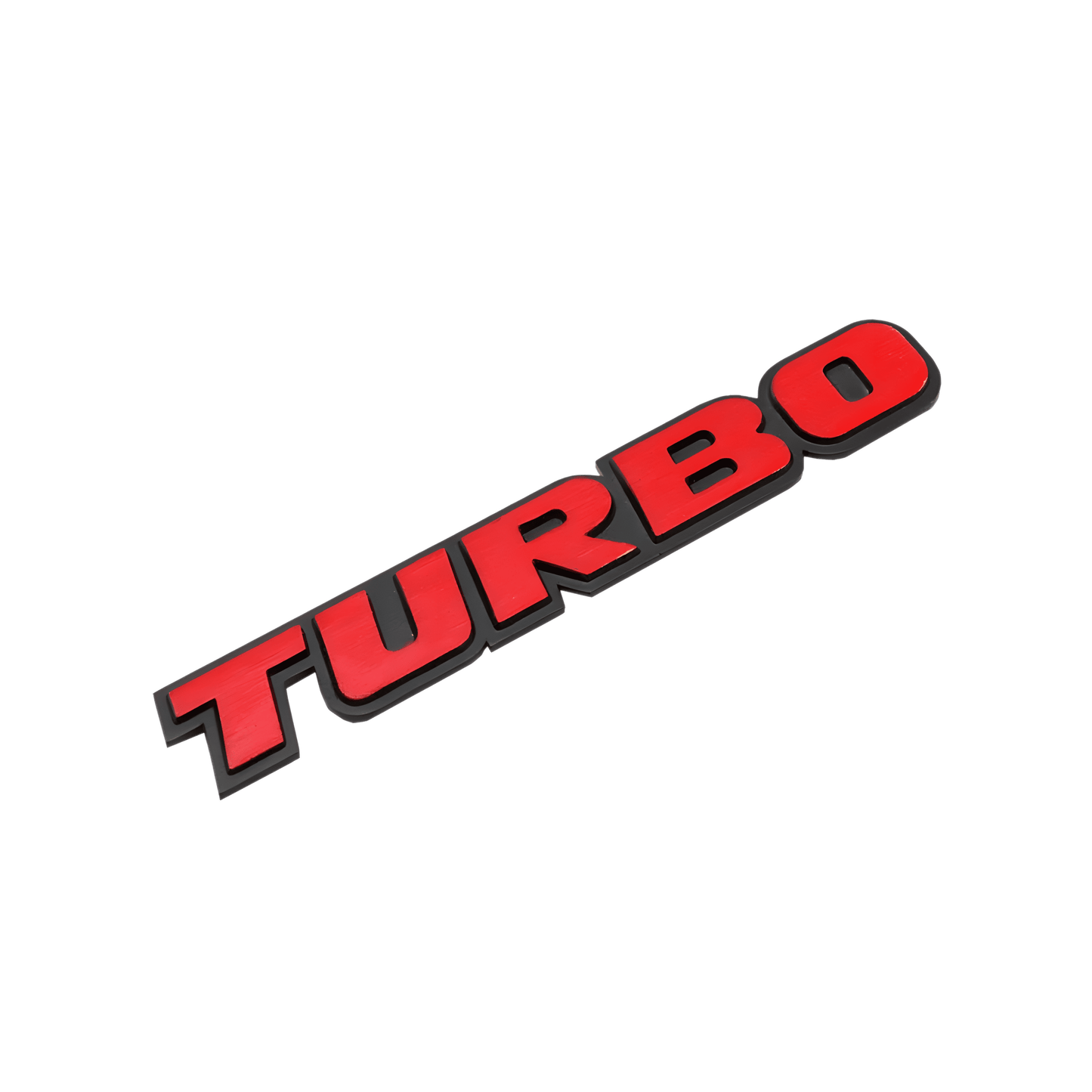 ChroMorpher 3D Metal TURBO Emblem featuring bold red letters and a sleek black border, offering a stylish look for your vehicle.