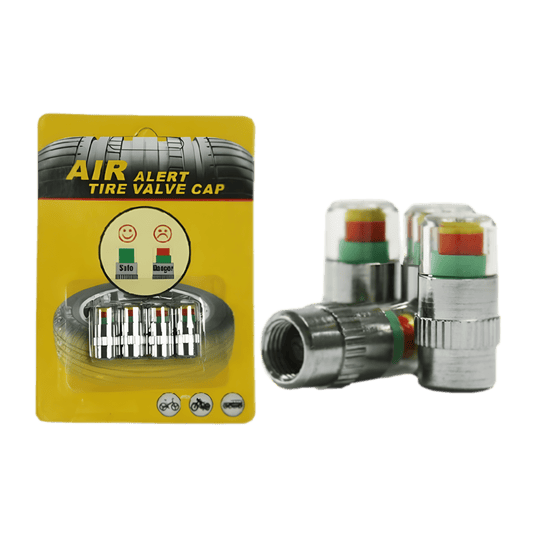 Image of ChroMorpher Air Alert Tire Pressure Valve Caps in retail packaging, featuring a yellow background with a tire graphic and pressure indicator symbols. The product includes four metal valve caps with transparent tops, displaying green, yellow, and red indicators for real-time tire pressure monitoring. Suitable for cars, motorcycles, and bicycles.