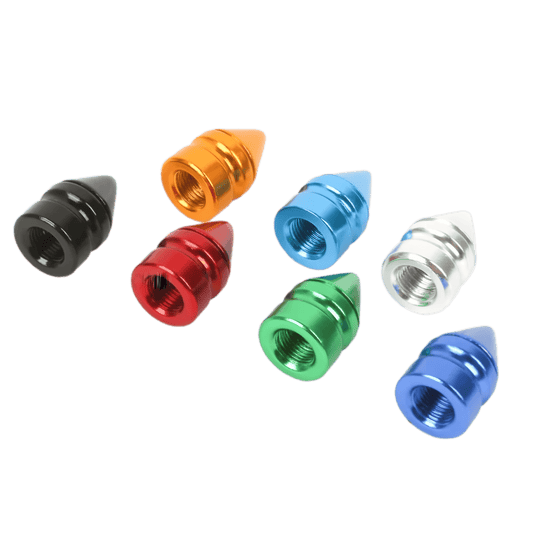 A set of four bullet-shaped aluminum tire valve caps in various colors, designed to protect valve stems from dust and debris while adding a stylish touch to any vehicle.