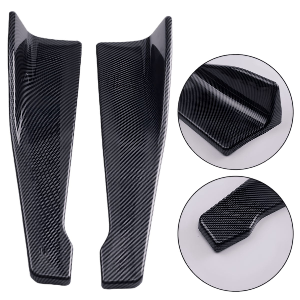 A detailed close-up view of a pair of carbon fiber-style rear side skirt extensions, showcasing their textured finish, aerodynamic design, and durable ABS plastic construction. The image highlights the precise edges and mounting structure, ensuring a secure and stylish fit for most vehicles.