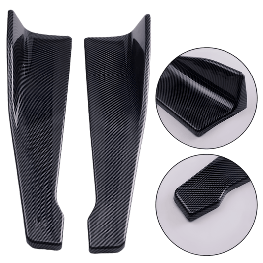 A detailed close-up view of a pair of carbon fiber-style rear side skirt extensions, showcasing their textured finish, aerodynamic design, and durable ABS plastic construction. The image highlights the precise edges and mounting structure, ensuring a secure and stylish fit for most vehicles.