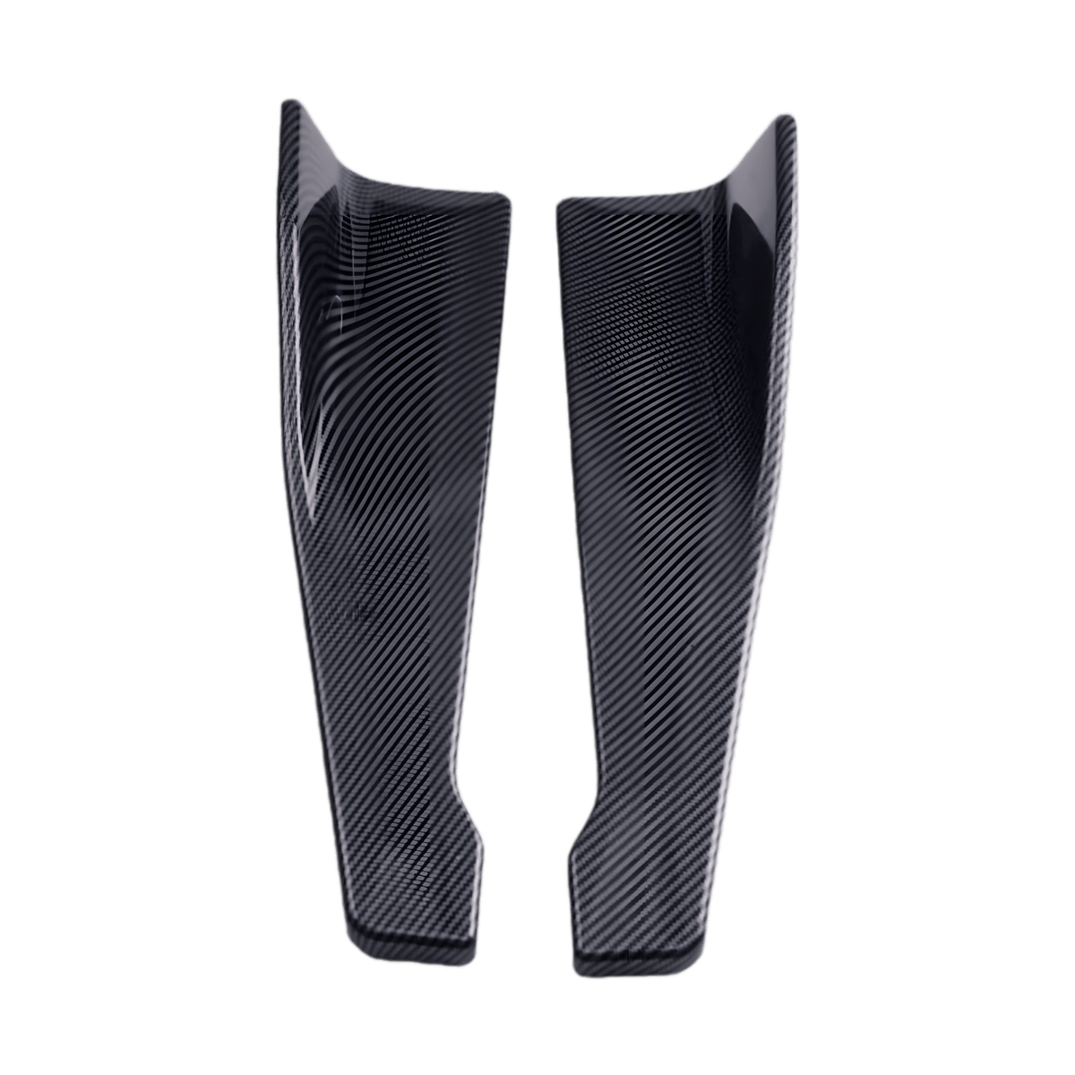 A pair of carbon fiber-style rear side skirt extensions, designed to enhance a vehicle’s aerodynamics and aggressive stance. Made from durable ABS plastic, these lightweight splitters offer a sleek, race-inspired look while improving airflow and stability.
