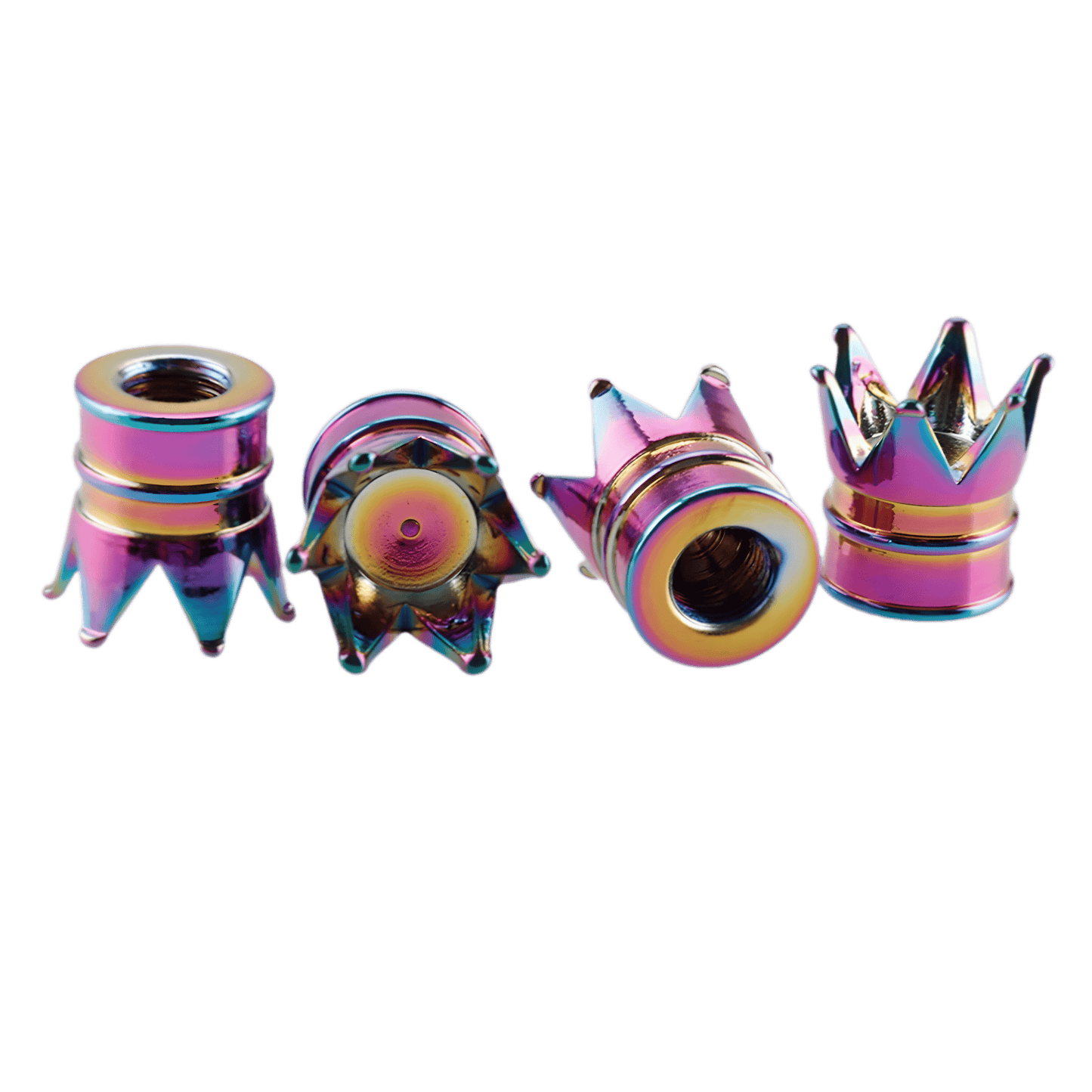 A set of four crown-shaped tire valve caps with a vibrant neo chrome finish, adding a stylish and unique touch.