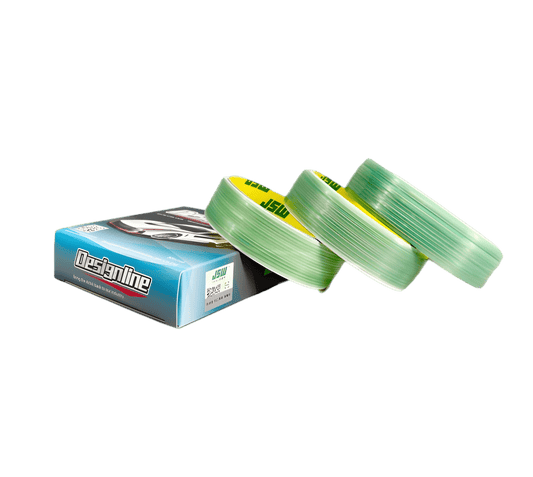 Ultra-realistic transparent background image of three green ChroMorpher DesignLine Knifeless Tape rolls leaning over a branded blue box with a sports car graphic. Perfect for vinyl wrap and chrome delete projects without using blades.