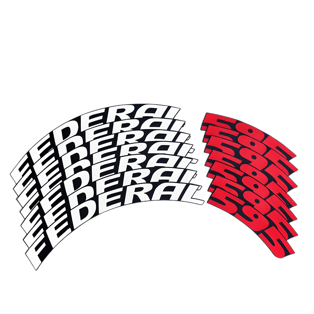 A set of ChroMorpher FEDERAL 595 3D tire lettering decals displayed on a transparent background. The decals include multiple curved "FEDERAL" text in bold white and "595" in striking red, designed to fit the curvature of tires for a race-inspired look. The high-quality PVC decals are arranged in a visually appealing layout, showcasing their application on vehicle tires.