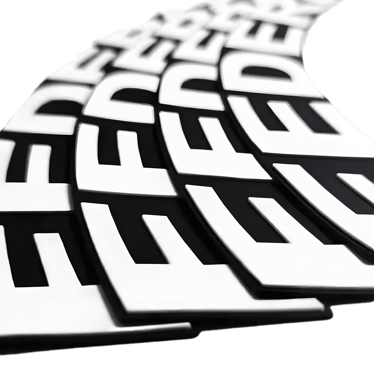 A close-up image of multiple curved white 3D tire lettering decals spelling "FEDERAL" on a black background, arranged in a visually dynamic pattern. The letters are bold and raised, creating a striking contrast. The background is transparent.