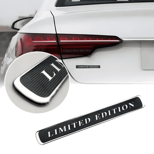 ChroMorpher Limited Edition Emblem car badge sticker applied to the rear of a vehicle, with a close-up showing the sleek black and white design highlighting the "LIMITED EDITION" text.