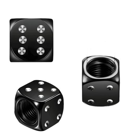Close-up of ChroMorpher Lucky Dice Valve Caps in black, featuring a high-gloss metallic finish with engraved dice markings and internal threading for easy installation on tire valves. Stylish and durable aluminum alloy design for cars, motorcycles, and bicycles.
