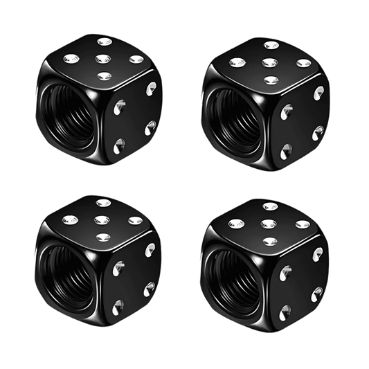 Set of four ChroMorpher Lucky Dice Valve Caps in black with a high-gloss metallic finish. Designed with precision-engraved dice markings and internal threading for a secure fit on car, motorcycle, and bicycle tire valves. Stylish, durable, and corrosion-resistant aluminum alloy construction.