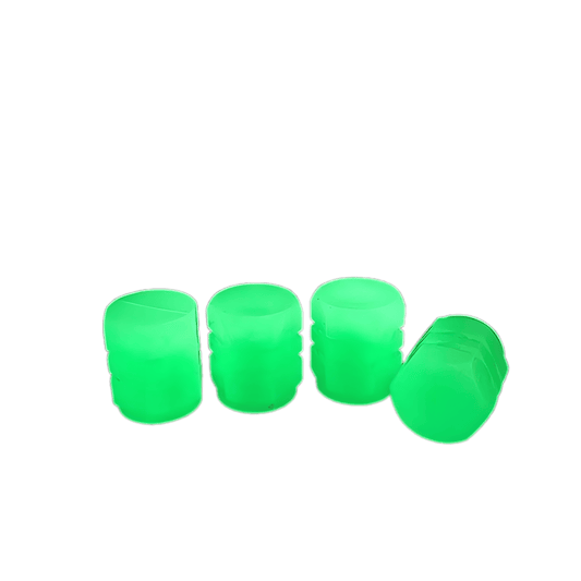 A set of four green luminous tire valve caps that glow in the dark, enhancing visibility and style.