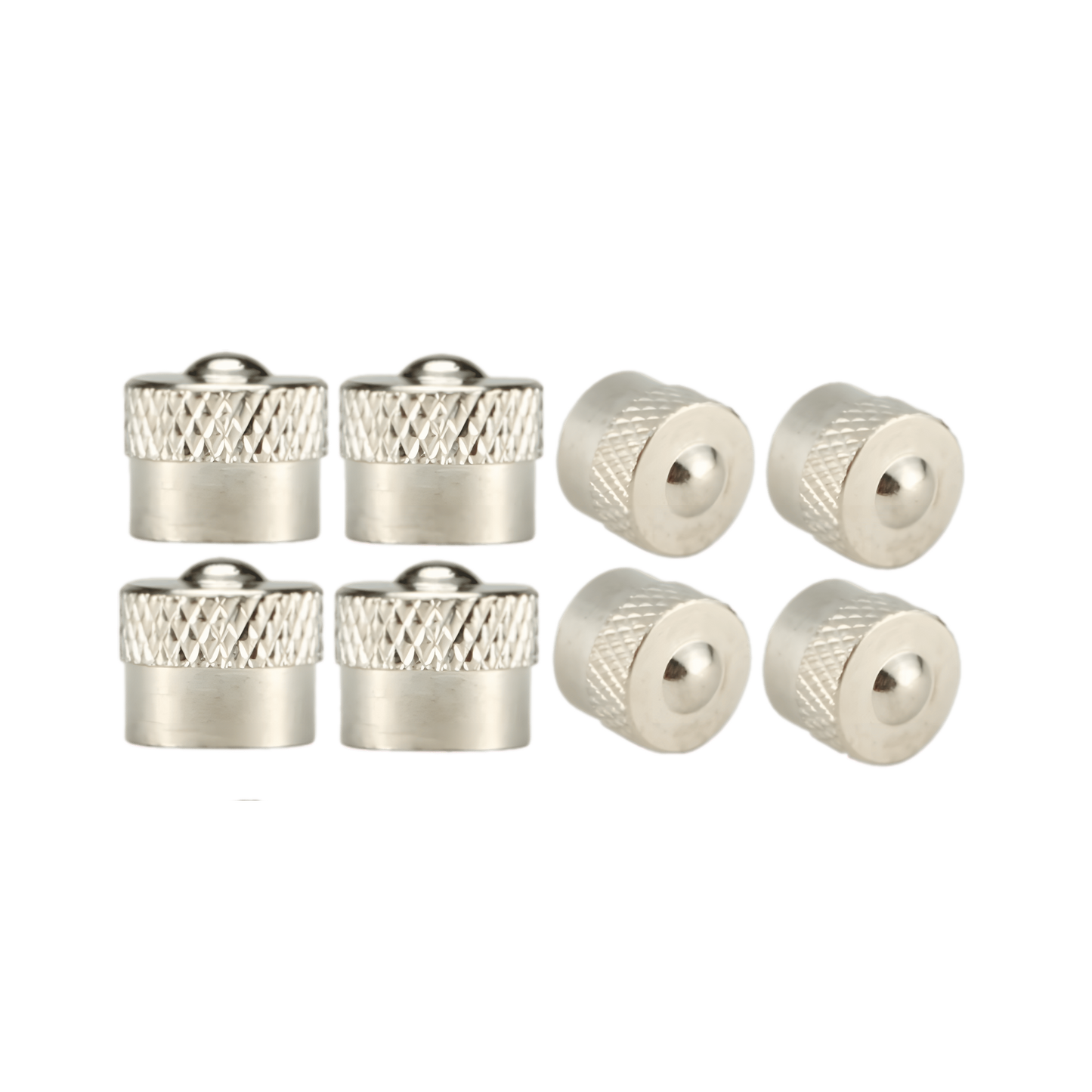A set of eight silver-colored metal tire valve caps with a knurled grip texture and a dome-shaped top, displayed on a transparent background.