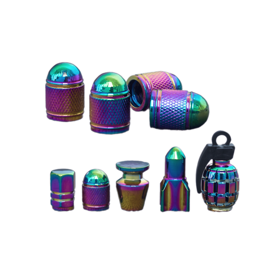 A stylish neo chrome valve cap set featuring bullet-shaped, grenade-style, and knurled aluminum tire valve caps. These colorful, anodized aluminum valve stem caps add a custom touch to car, motorcycle, bicycle, and truck wheels while protecting valves from dust, dirt, and corrosion.