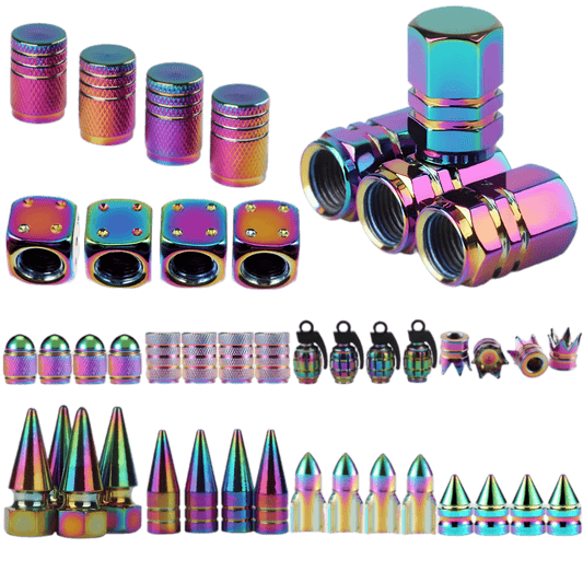 A collection of neo chrome tire valve caps in various styles, including hexagonal, spiked, bullet-shaped, dice, knurled, and grenade designs. These colorful, anodized aluminum valve stem caps add a unique and stylish touch to car, motorcycle, bike, and truck wheels while protecting against dust and corrosion.