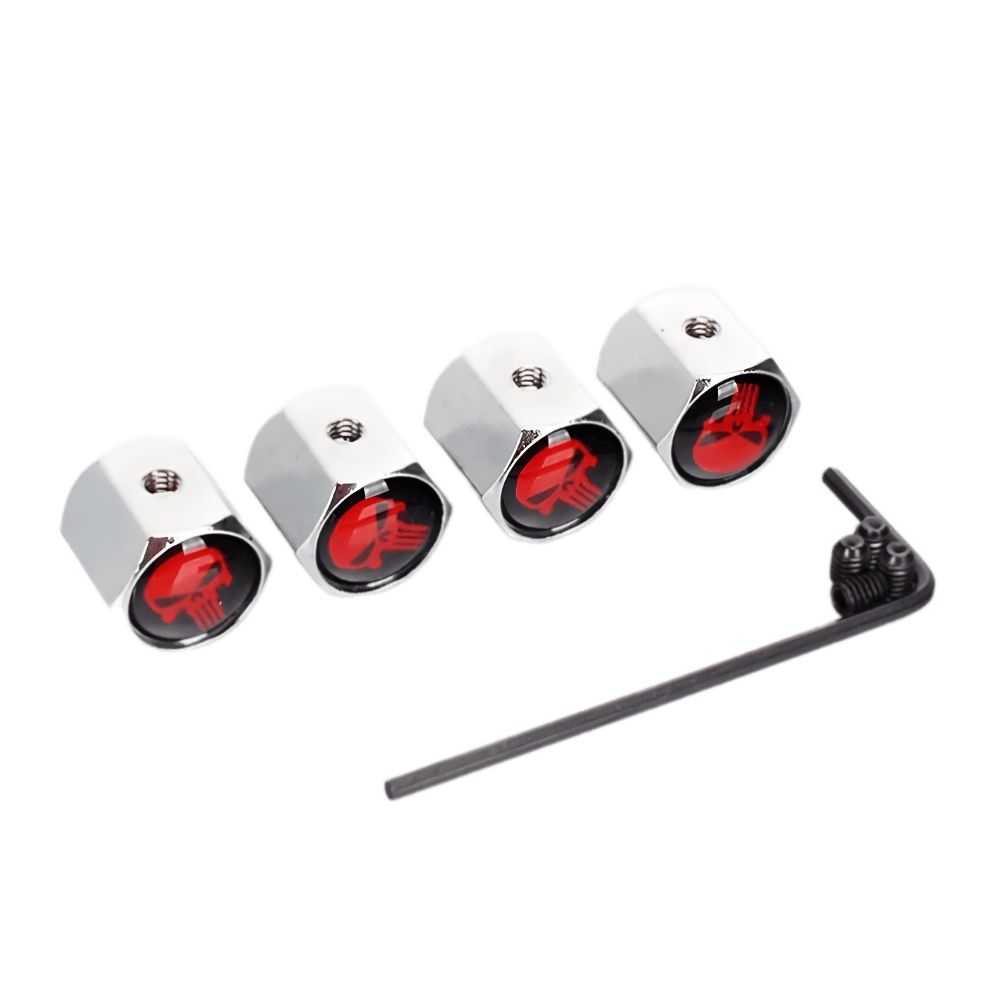 A bold set of ChroMorpher Phantom Skull Valve Caps in a sleek chrome finish with an intimidating red skull emblem. Engineered from premium zinc alloy, these anti-theft, corrosion-resistant, and weatherproof caps provide enhanced protection against dust, dirt, and air leaks. Featuring locking screws and an included hex key, they ensure a secure, tamper-proof fit on cars, trucks, motorcycles, and bicycles. A striking and rebellious upgrade for any ride.