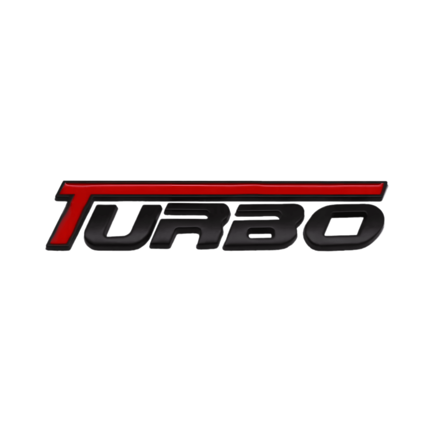 ChroMorpher Red & Black 3D Turbo Emblem featuring the word "TURBO" with bold red accents and a sleek black finish, designed for high-performance vehicles.