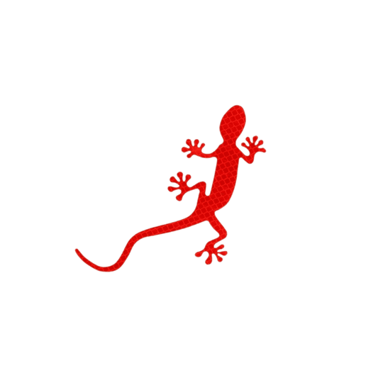 A red reflective gecko car sticker with a scaly texture, designed for enhanced night visibility and vehicle decoration. This waterproof, adhesive-backed decal can be applied to any vehicle surface, improving safety while adding a stylish, unique touch.