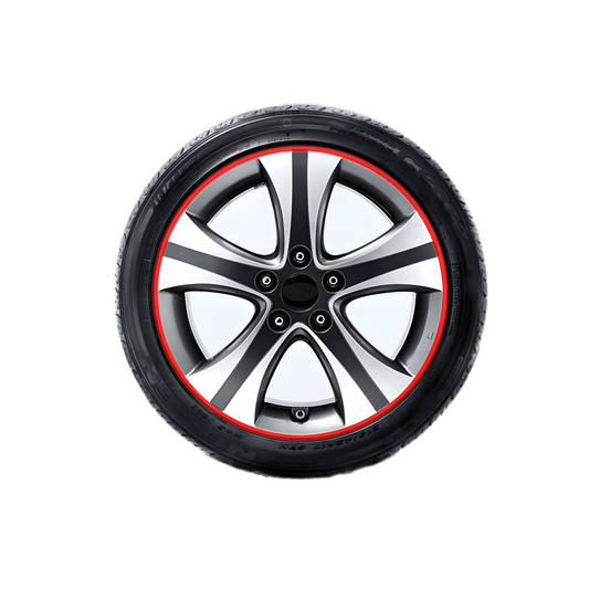 A high-quality car wheel with ChroMorpher Reflective Rim Stripe Decals in red applied along the outer rim. These decals enhance both style and nighttime visibility, offering a sleek and sporty look for vehicles.