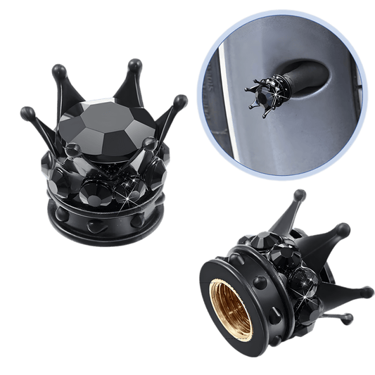Black luxury crown-shaped tire valve caps with rhinestone detailing, designed for car, truck, SUV, and motorcycle wheels. Stylish, dustproof, and leakproof valve covers for enhanced aesthetics and protection.