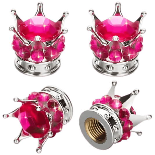 Pink crown-shaped tire valve caps with sparkling rhinestone details. Stylish and protective valve covers for car, truck, SUV, and motorcycle wheels, ensuring dustproof and leakproof performance with a glamorous touch.