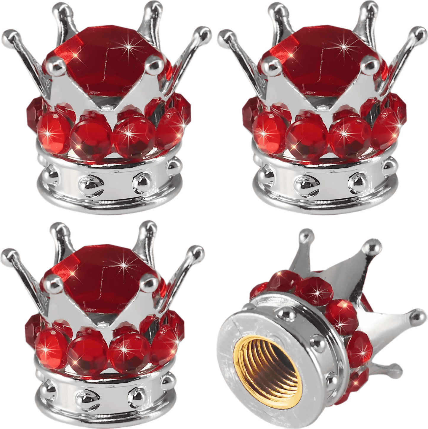 Luxurious silver crown-shaped tire valve caps encrusted with sparkling red rhinestones. These premium valve covers enhance any car, motorcycle, or bicycle with an elegant and regal touch while protecting against dust and air leaks.