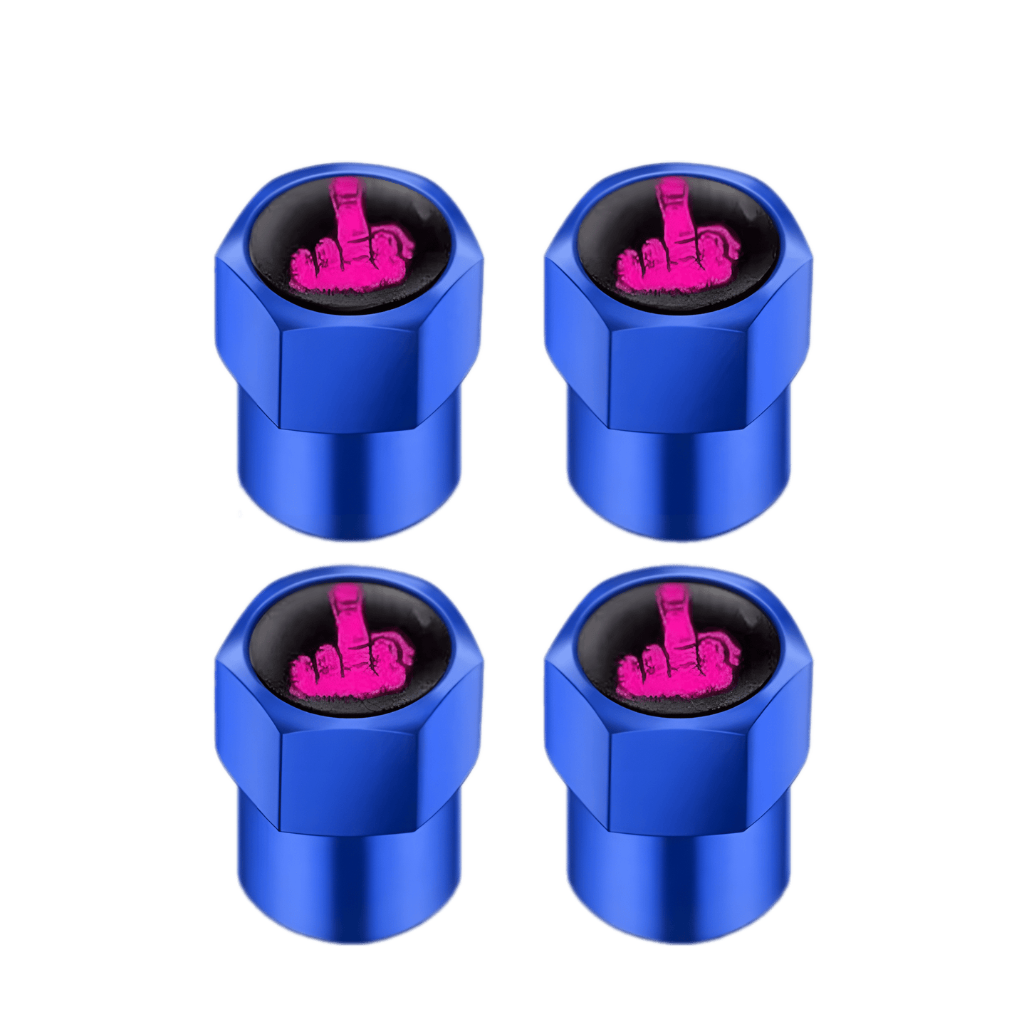 Add a rebellious edge to your wheels with these ChroMorpher Savage Valve Caps in bold blue, featuring a pink middle finger design. Made from durable aluminum alloy, these caps protect against dust, dirt, and air leaks while making a strong statement. Perfect for cars, motorcycles, and bicycles, they offer universal fitment with a unique attitude.