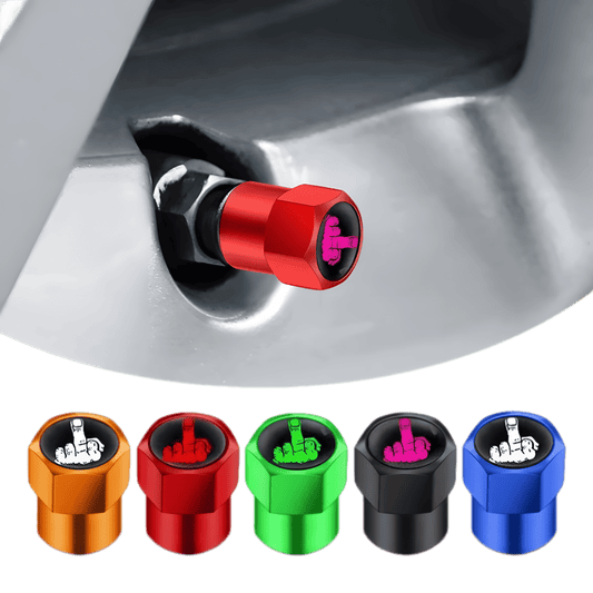 A set of ChroMorpher Savage Valve Caps featuring a bold middle finger design. Available in red, black, green, blue, and orange, these aluminum alloy caps add a rebellious touch to car, bike, and motorcycle wheels while preventing air leakage and dust accumulation.