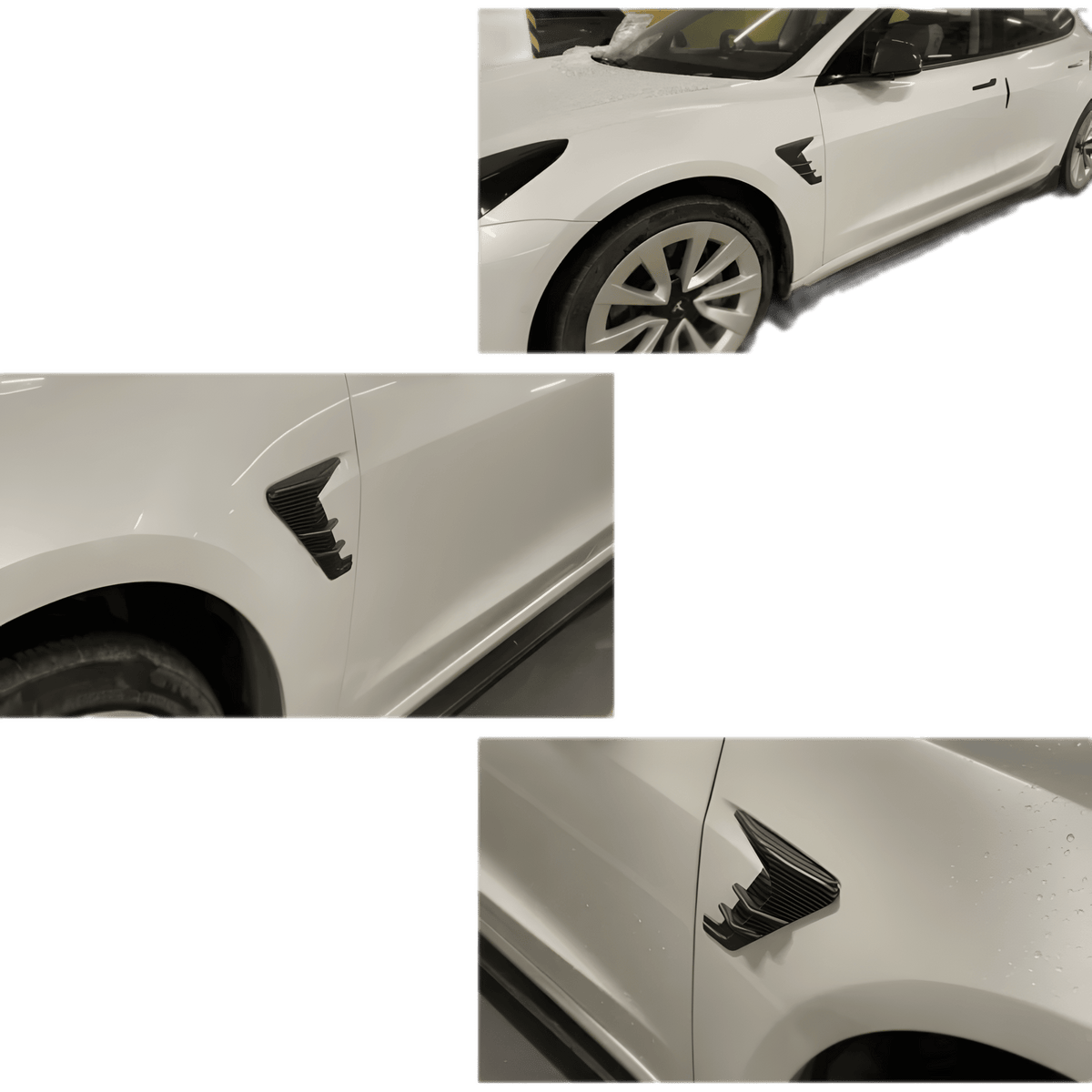 A series of images showcasing the ChroMorpher Side Fender Vent installed on a white Tesla, demonstrating its sleek and aerodynamic look. The Carbon Look finish enhances the vehicle's sporty appearance, complementing the car's modern design. The self-adhesive backing allows for easy, drill-free installation, ensuring a secure fit. The vent trim provides a bold and aggressive touch, making it a perfect exterior upgrade for various vehicles.