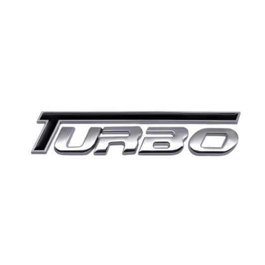 ChroMorpher Silver 3D Turbo Emblem with a sleek metallic finish, displaying the word "TURBO" in a bold, modern style.