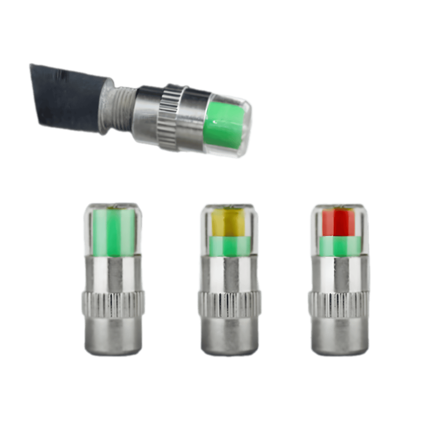 Image of ChroMorpher Smart Tire Pressure Monitoring Valve Caps, featuring a close-up of a cap installed on a tire valve and three caps displaying different pressure levels. The green, yellow, and red color indicators provide real-time tire pressure status. Designed for cars, motorcycles, and bicycles, these valve caps enhance safety and extend tire lifespan.