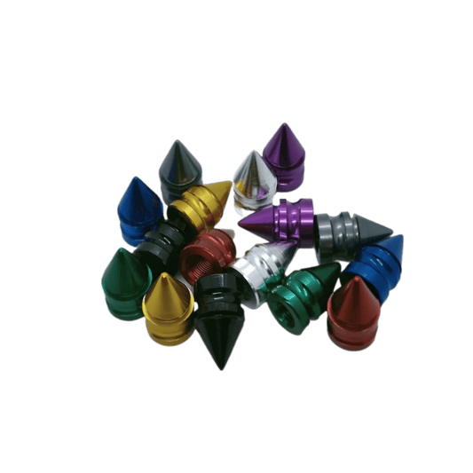 A collection of spiked aluminum tire valve caps in various vibrant colors, designed for a bold, stylish look while protecting valve stems from dust and debris. Perfect for cars, motorcycles, and bicycles.