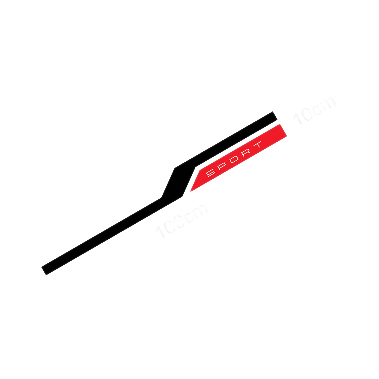 A sleek black and red "SPORT" hood stripe decal featuring a bold red "SPORT" logo at the end, designed to add a stylish, sporty flair to any vehicle.